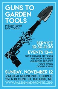 Poster promoting the Guns to Garden Tools Event.