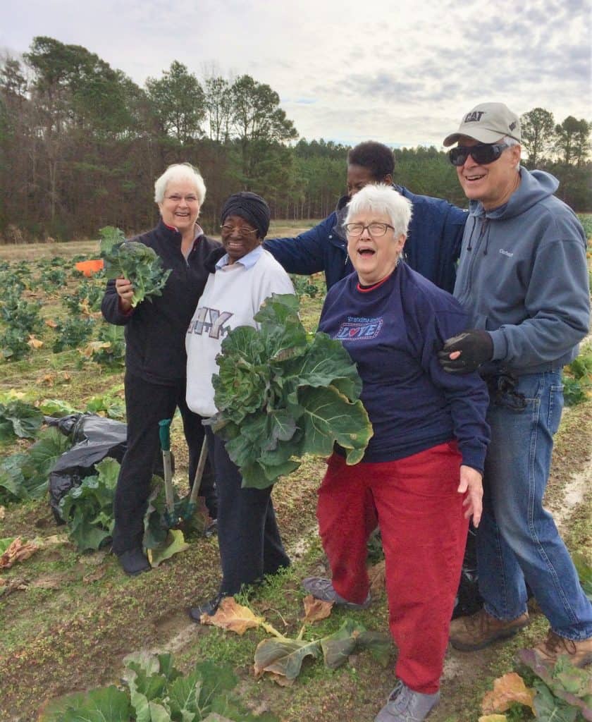 The five folks who were gleaning collards and broccoli in the middle of the field.