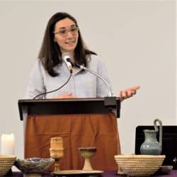 Melissa preaches at Fletcher Academy on Feb. 2, 2020, the first Sunday RMC met there.