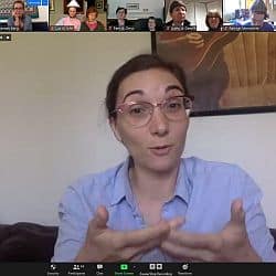 Melissa preaching via Zoom, with small photos of others at the top who attended the service.