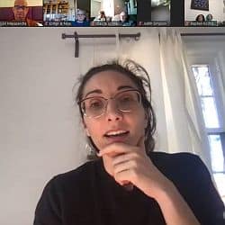 Melissa preaching via Zoom, with several participants shown in the gallery above her.