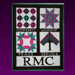 Raleigh Mennonite Church Quilt with RMC printed on the bottom and Community, Worship, Peace and Service in squares.