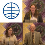 Collage of four images: in the upper left a globe with cross in it, Karina in upper right, John in lower right and Christina in the lower left, each speaking at Raleigh Mennonite on Jan. 23, 2023