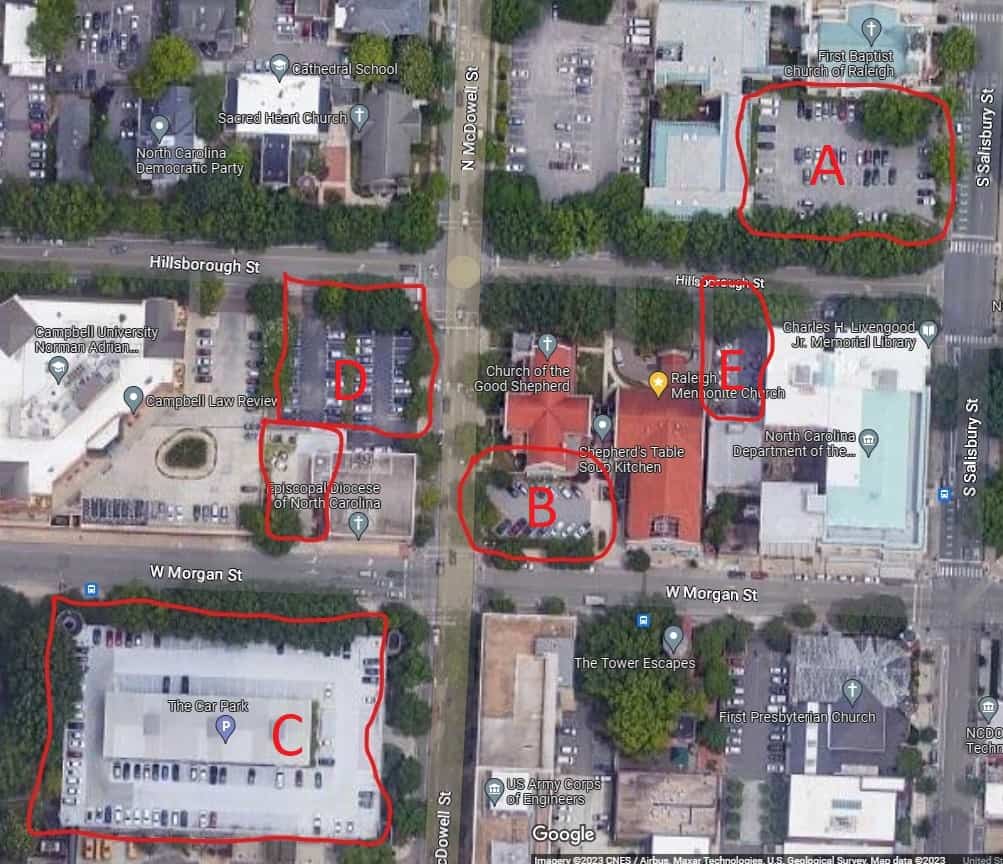 Satellite image of area adjacent to the church with markings for available parking areas.