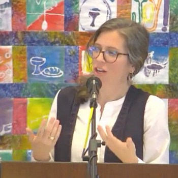 Casey Stanton preaching at Raleigh Mennonite on May 21, 2023.