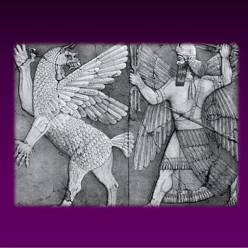 Carving of the Chaos God and a Sun God as told in the "Enuma Elish" which is the Babylonian creation myth.