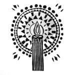 Black and white drawing of a candle with background illuminated by the flame.