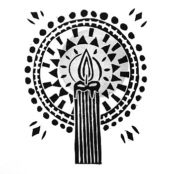 Black and white drawing of a candle with background illuminated by the flame.