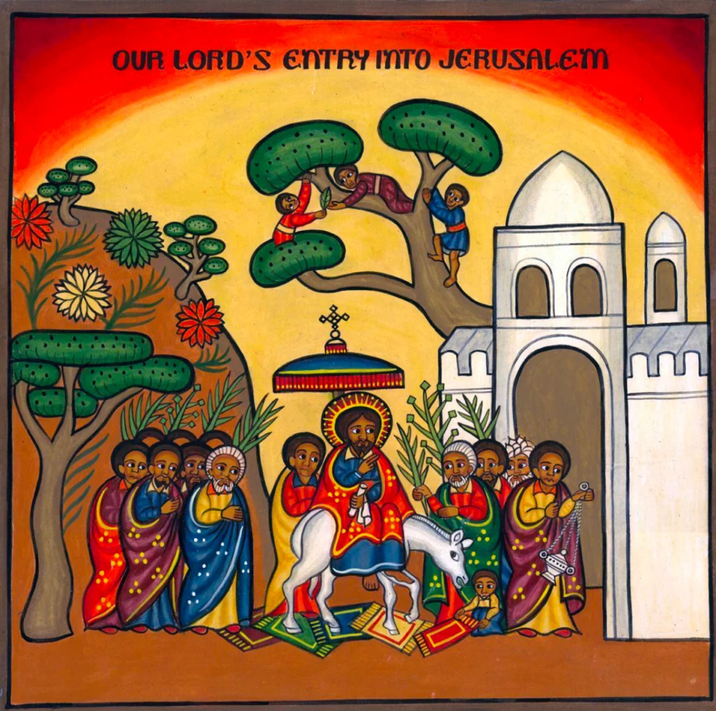 Colorful painting of Jesus entering Jerusalem on a donkey surrounded by people and trees.