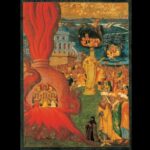 A painting by Konstantinos Adrianoupolitis illustrating the three men in a fiery furnace with an angel, while the king watches and others are bowing before a golden image of the king.