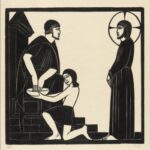 A woodcut image in black with yellow background of Jesus standing in front of Pilate who is washing his hands in a basin held up by a servant.