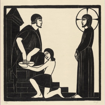 A woodcut image in black with yellow background of Jesus standing in front of Pilate who is washing his hands in a basin held up by a servant.